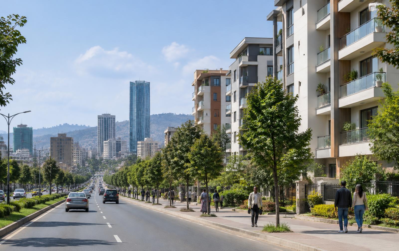 Illustrative city view with contemporary homes in Addis Ababa