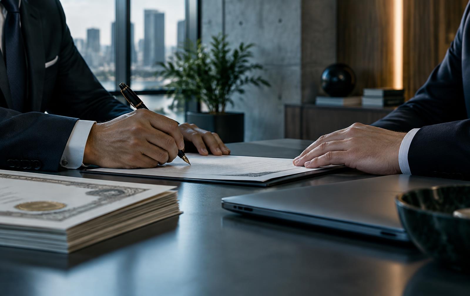 Hands signing a founding shareholder document at a modern desk