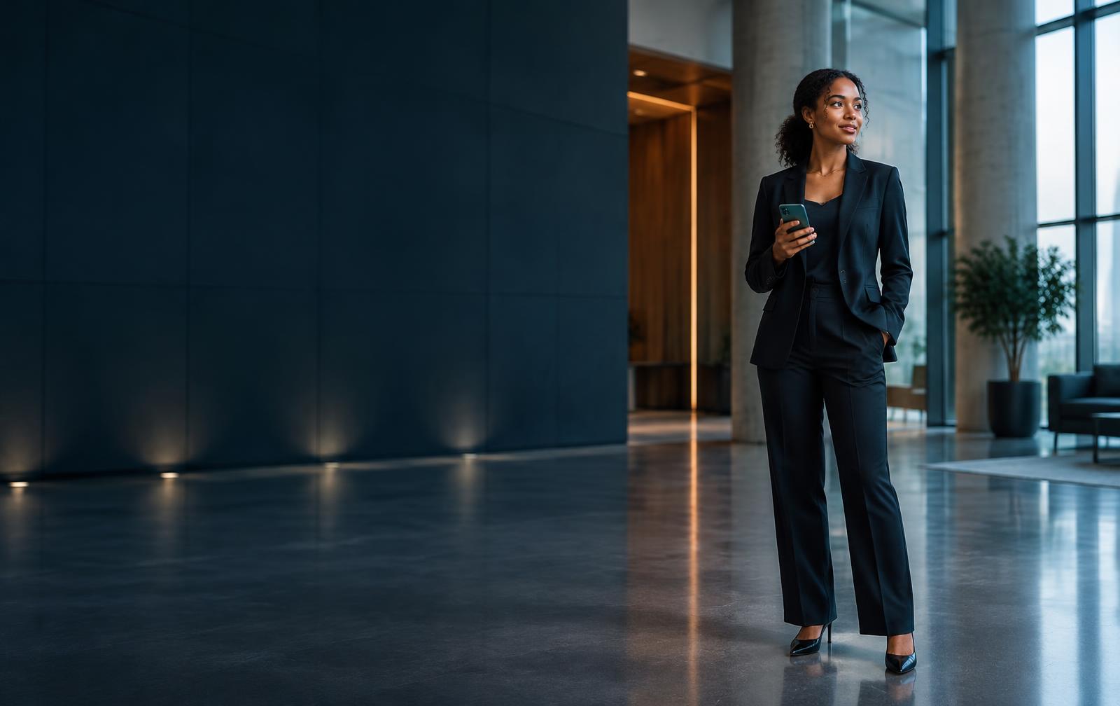 A young Ethiopian professional holding her phone in a modern office lobby